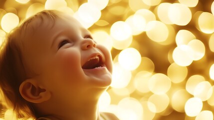 Fototapeta premium Joyful baby boy with light brown hair laughing against a warm bokeh backdrop.