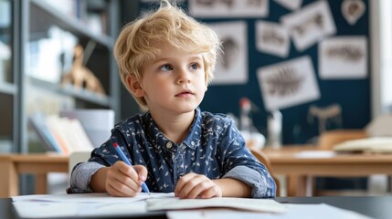 A young boy sitting at a desk in a classroom, deeply focused and engaged while writing and drawing with a pencil, showcasing curiosity and creativity in his education.