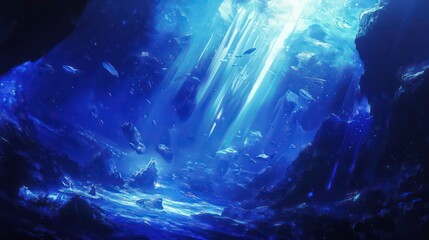 Glowing blue light illuminates underwater cave, revealing rocks and marine life.