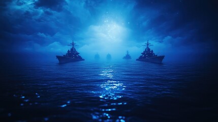 Fototapeta premium Nighttime Naval Fleet: Majestic Destroyers Under a Starlit Sky