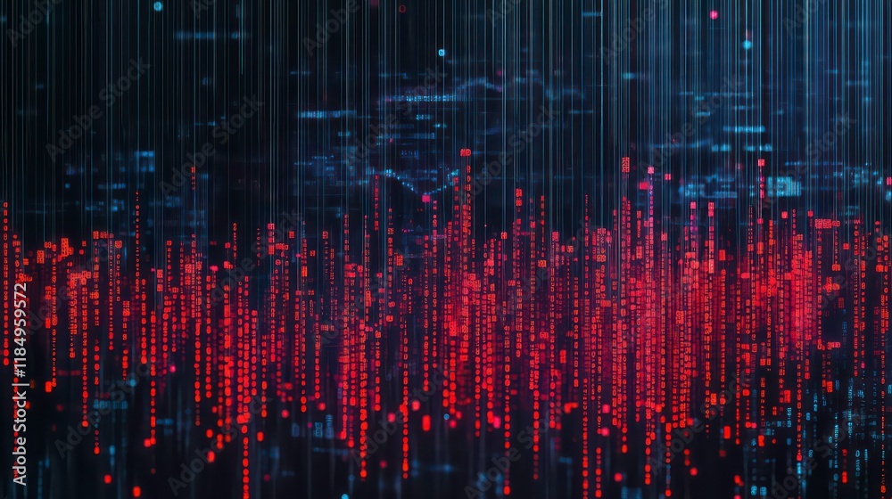 Poster Abstract digital data stream visualization with red and blue glowing particles.