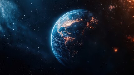 A stunning view of Earth from space, illuminated by city lights against the backdrop of the cosmos.