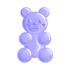 Obraz premium A cute purple gummy bear with a glossy finish, sitting cheerfully, its small eyes sparkling with joy. Its rounded body and floppy arms exude sweetness, making it an adorable treat for all ages.