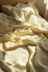 soft linen fabric in natural morning sun - a comfortable, bedroom or bedding aesthetic, off white, comfy linens - off white