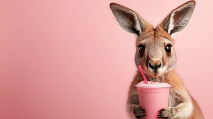 This cute image showcases a kangaroo sipping from a cup adorned with whipped cream, set in a fun pink background, radiating sweetness and warmth in a playful context.
