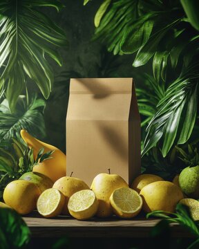 A kraft paper box surrounded by fresh lemons in a lush, green tropical setting.