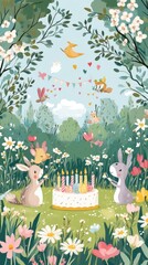 Bunnies Celebrate Birthday Cake In A Floral Garden Setting