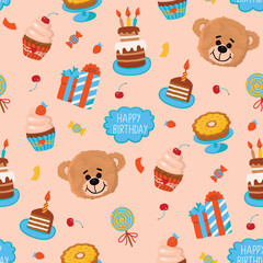 Birthday seamless pattern with sweet desserts, gifts and Teddy Bear. Cartoon background with tart, cake with candles, cupcake with strawberry and cherry. Vector design for printing on fabric and paper