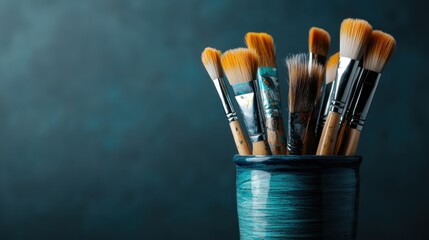 A collection of paintbrushes in a turquoise pot, showcasing different sizes and shapes, symbolizing creativity and the art of painting in a vibrant setting.