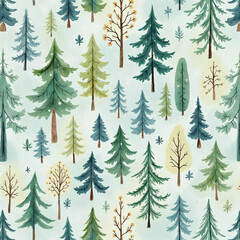 Watercolor illustration of seamless pattern with trees, tree pattern, pattern of trees