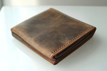 Classic brown leather wallet on a white surface, highlighting rich textures and timeless appeal
