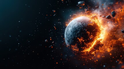 A striking representation of a planet erupting with fiery vibrancy against a dark backdrop, dominated by floating rocks, illustrating the beauty of extraterrestrial chaos.