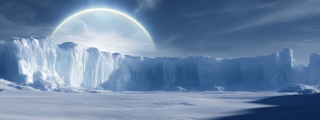 A stunning view of an isolated, high-altitude ice cliff with massive, crystalline structures and a rare