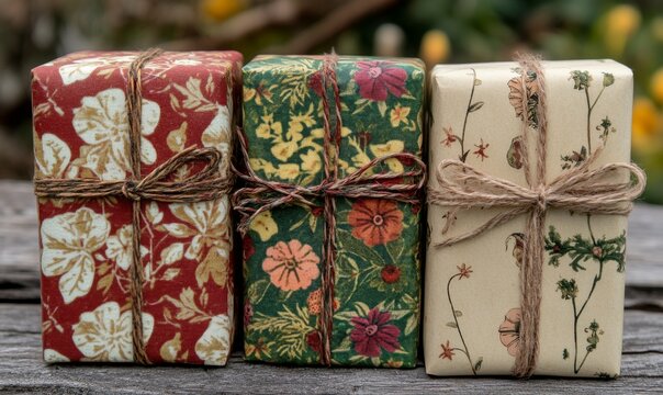 Three wrapped gifts in varying styles.