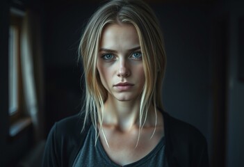Fototapeta premium Solemn Nordic blond woman in dimly lit room