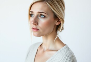 Naklejka premium A woman with Nordic features and blond hair, looking away with a melancholic expression