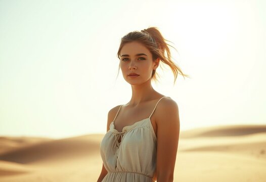 Young woman in summer heat, desolate landscape, discomfort, fatigue, desperation