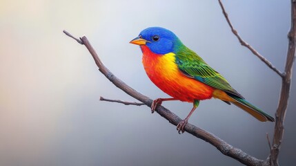 Vibrant colorful bird with bright plumage perched on a bare branch