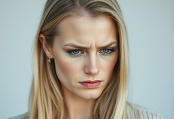 Naklejka premium Nordic blond woman with a subtle scowl and a hint of sadness