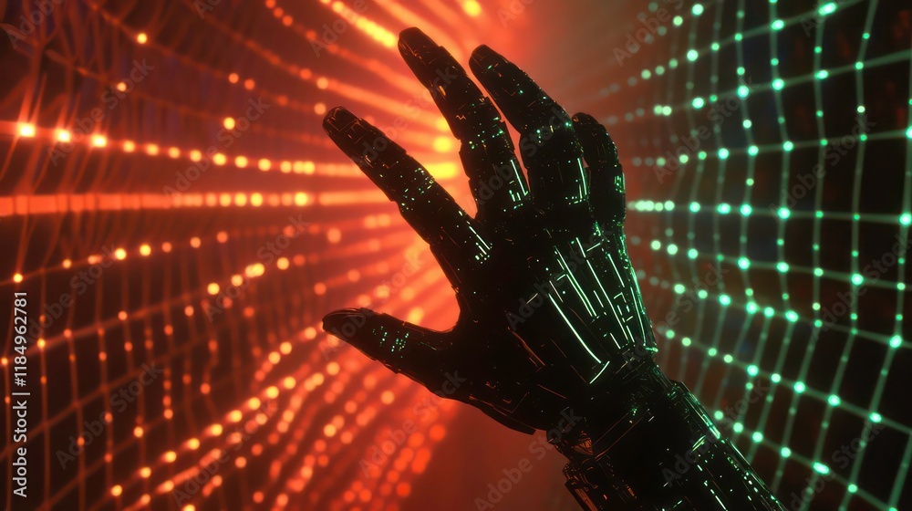Poster robotic hand reaching towards glowing grid.