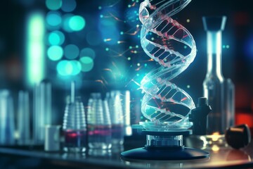 Glass model of dna double helix rotating on a futuristic support in a laboratory with bokeh effect