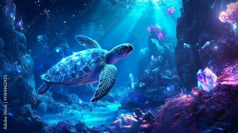 Poster in a vibrant world beneath the waves, a turtle with a luminous crystal shell swims gracefully among 