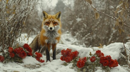 Obraz premium Red fox in snowy forest with red roses.
