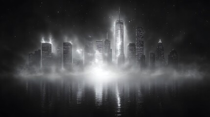 Calm night cityscape with glowing lights and reflections image