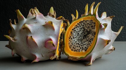 Obraz premium A vibrant dragon fruit cut in half, showcasing its unique texture and colors.