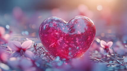 Obraz premium Heart-shaped crystal resting among delicate flowers in soft sunlight at dusk