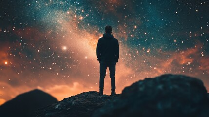 Fototapeta premium Silhouette of a male figure gazing at the starry night sky filled with vibrant colors and cosmic wonders.