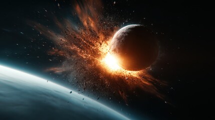 Obraz premium A dramatic depiction of a planet colliding with another celestial body, showcasing explosive energy and the cosmic environment surrounding it. Stunning space art.