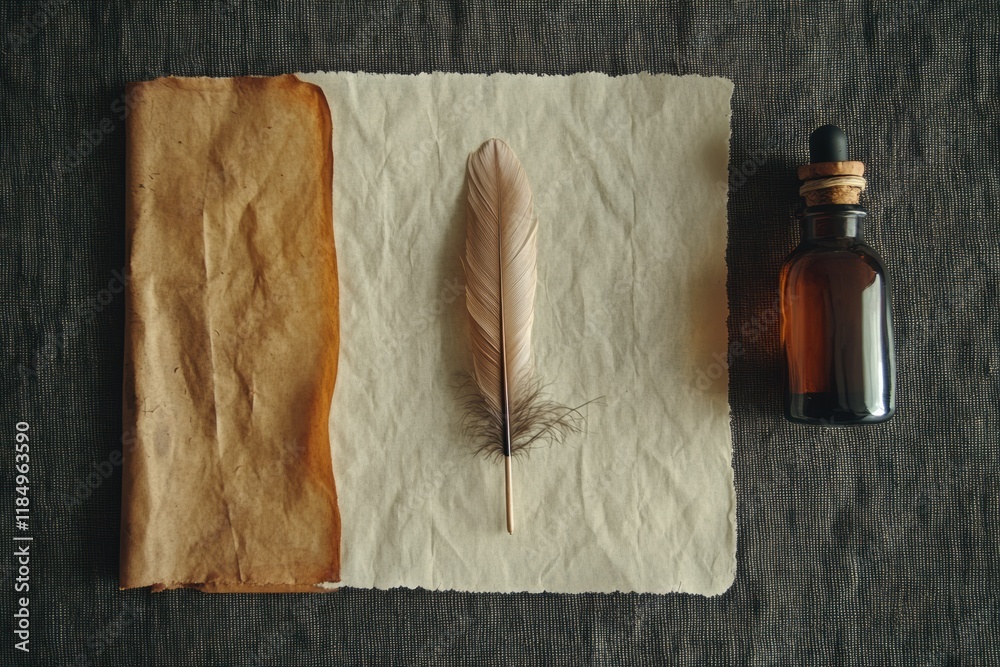 Poster elegant calligraphy tools including a feather quill, ink bottle, and parchment paper arranged on a t