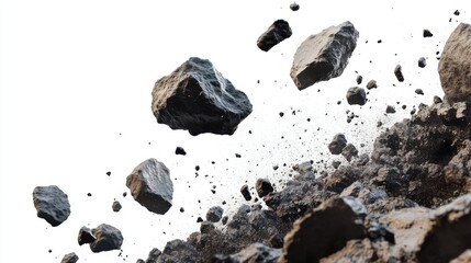 A dynamic explosion of dark, textured rocks against a white background, conveying movement and energy.