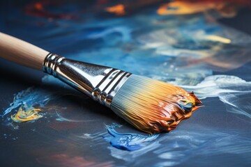 Fototapeta premium Flat paintbrush with orange paint lying on a colorful palette, creating a vibrant and artistic scene
