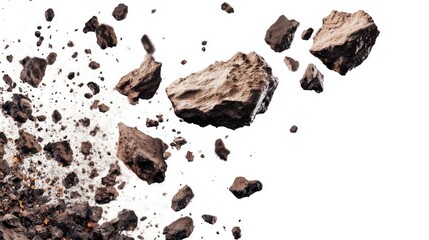 A dynamic explosion of rocks and debris against a white background.