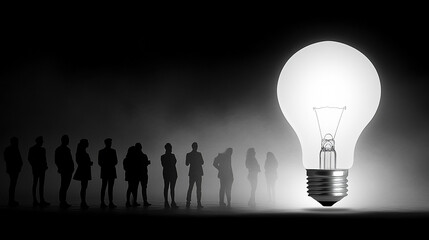 A glowing light bulb on a white tabletop symbolizes innovation and bright ideas, with blurred business people meeting in the background, highlighting collaboration and creativity.