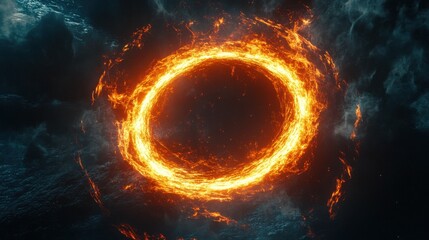 A mesmerizing fiery ring glowing against a dark stormy sky, creating a dramatic and mystical atmosphere.
