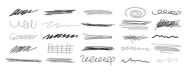 Editable doodles and sketches. Pencil. Handwriting, lines, marker stroke. Sketch and draft of signs, symbols, elements. Doodle. White background. Isolated. Minimalist set. Blobs. Swirls. 
