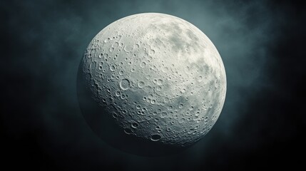 Naklejka premium A detailed view of the moon's surface, showcasing craters against a mystical foggy backdrop.