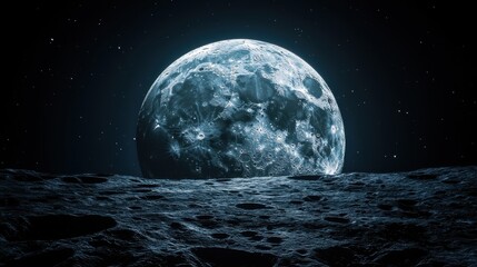 Obraz premium Dramatic view of a large moon rising over a rugged lunar landscape, showcasing craters and shadows.