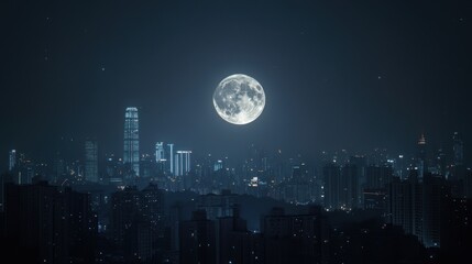 A stunning full moon illuminates a sprawling city skyline at night, evoking a serene yet dynamic atmosphere.