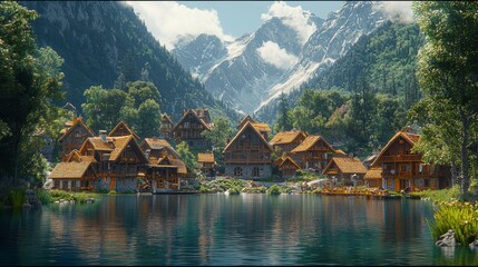 Naklejka premium Picturesque village nestled beside a serene lake, surrounded by majestic mountains.