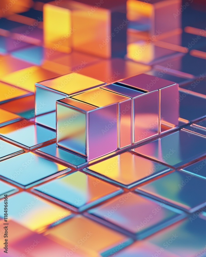 Poster abstract view of reflective geometric blocks in vibrant hues, creating a mesmerizing visual effect.