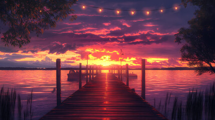 Fototapeta premium Magical sunset celebration on the lakeside dock. Twilighted. Illustration