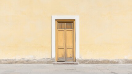 Old wooden door on a pale yellow stucco wall.