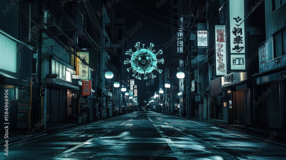Aufkleber empty urban street illuminated at night featuring a symbolic representation of a virus. generative a