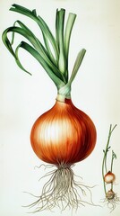Detailed Botanical Illustration of an Onion Plant: A Visual Feast of Nature's Bounty