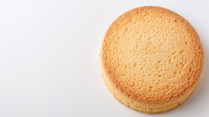 Golden sponge cake base for layered desserts, round baked cake on white background, minimalistic food composition with copy space

