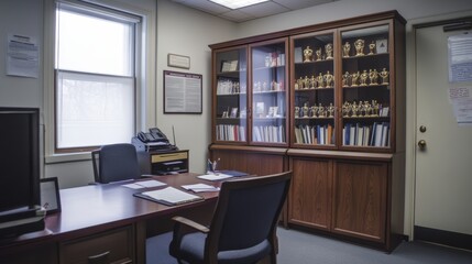 Principals office in school with desk, chairs, bookcase and showcase with sport trophies. Vector cartoon empty interior of headmaster cabinet for meeting and talking with teachers, pupils and parents